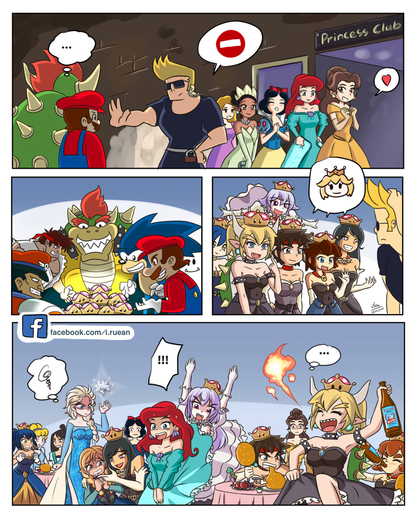 6+boys, 6+girls, angry, anna_(frozen), ariel_(disney), armlet, bare_shoulders, beauty_and_the_beast_(disney), belle_(disney), black_dress, black_hair, blonde_hair, blue_dress, blue_eyes, blue_hair, boo_(mario), bowser, bowsette, braid, breasts, brown_eyes, brown_hair, cinderella_(disney_character), cleavage, closed_eyes, closed_mouth, collar, comic, crossover, dress, earrings, elbow_gloves, elsa_(frozen), fa_mulan_(disney), facial_hair, frozen_(disney), gloves, grin, happy, hat, highres, horns, jewelry, johnny_bravo_(character), long_hair, m._bison, mario, mario_(series), matching_hair/eyes, medium_breasts, mulan_(movie), multiple_boys, multiple_girls, mustache, nintendo, open_mouth, pointy_ears, ponytail, princess_king_boo, purple_eyes, purple_hair, rapunzel_(disney), red_hair, ryu_(street_fighter), sharp_teeth, short_hair, smile, snow_white_(disney), snow_white_and_the_seven_dwarfs_(disney), sonic_(series), sonic_the_hedgehog, spiked_armlet, spiked_collar, spiked_shell, spikes, strapless, street_fighter, sunglasses, super_crown, teeth, the_little_mermaid_(disney), the_princess_and_the_frog_(disney), tiana_(the_princess_and_the_frog), tongue, upper_teeth_only, white_gloves