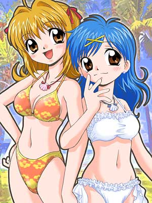 00s, 2girls, bikini, blonde_hair, blue_hair, brown_eyes, donkey_(artist), hair_ornament, hairclip, houshou_hanon, jewelry, lowres, mermaid_melody_pichi_pichi_pitch, multiple_girls, nanami_lucia, necklace, ribbon, shimazu_donki, swimsuit
