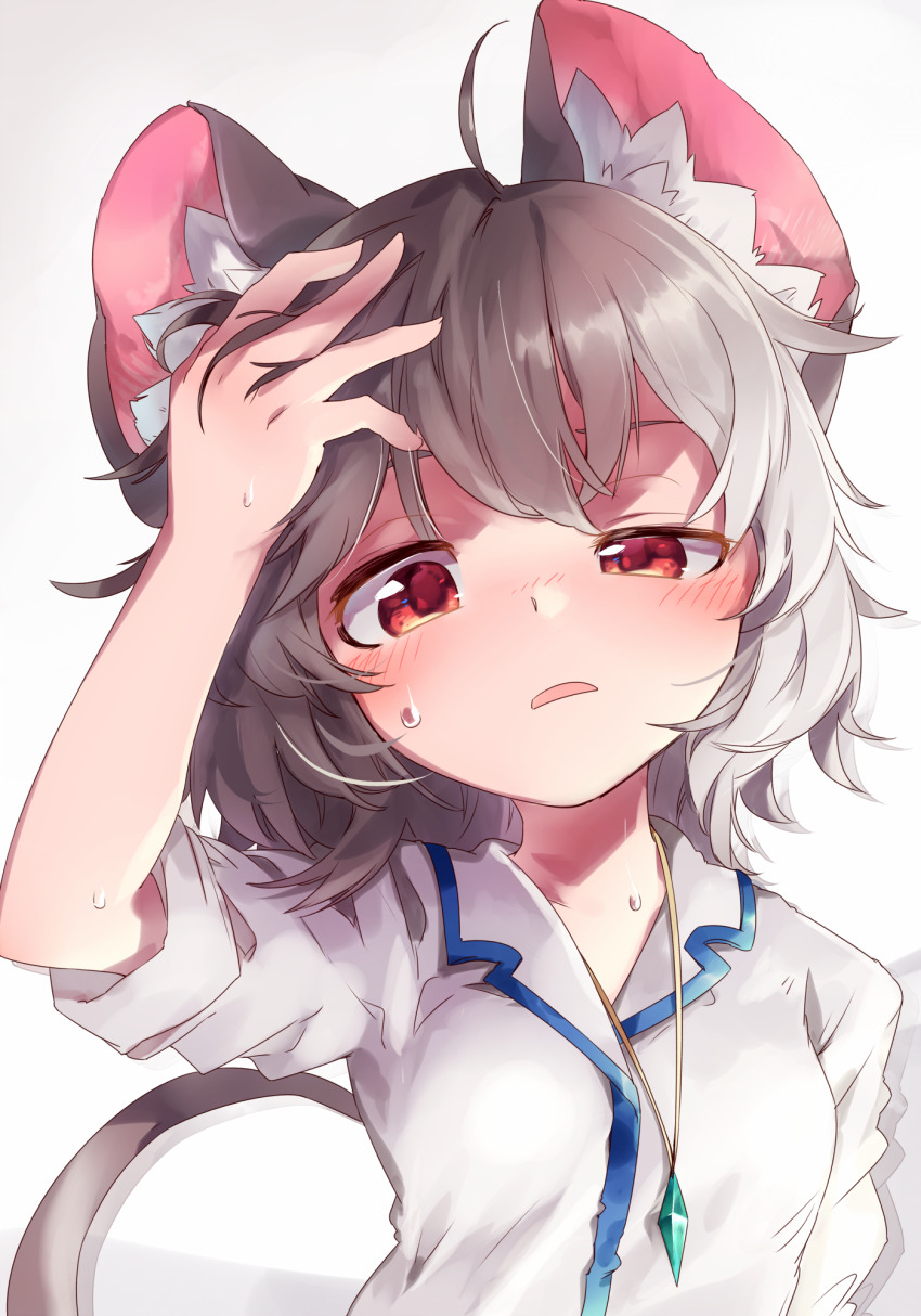 1girl, ahoge, animal_ear_fluff, animal_ears, blush, breasts, commentary_request, female_focus