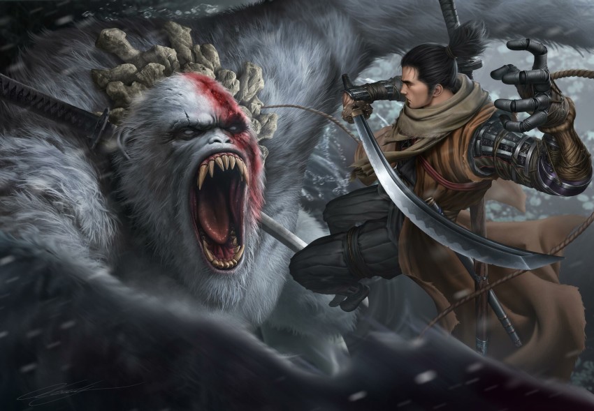 1boy, 1other, ape, blood, cloud.d, full_body, fur, guardian_ape, highres, holding, holding_sword, holding_weapon, incoming_attack, jumping, katana, manly, mechanical_arms, motion_blur, ninja, no_pupils, open_mouth, ponytail, prosthesis, prosthetic_arm, realistic, rope, scar, scar_across_eye, scar_on_face, scarf, sekiro, sekiro:_shadows_die_twice, sharp_teeth, short_ponytail, sideburns, single_mechanical_arm, size_difference, sword, teeth, weapon