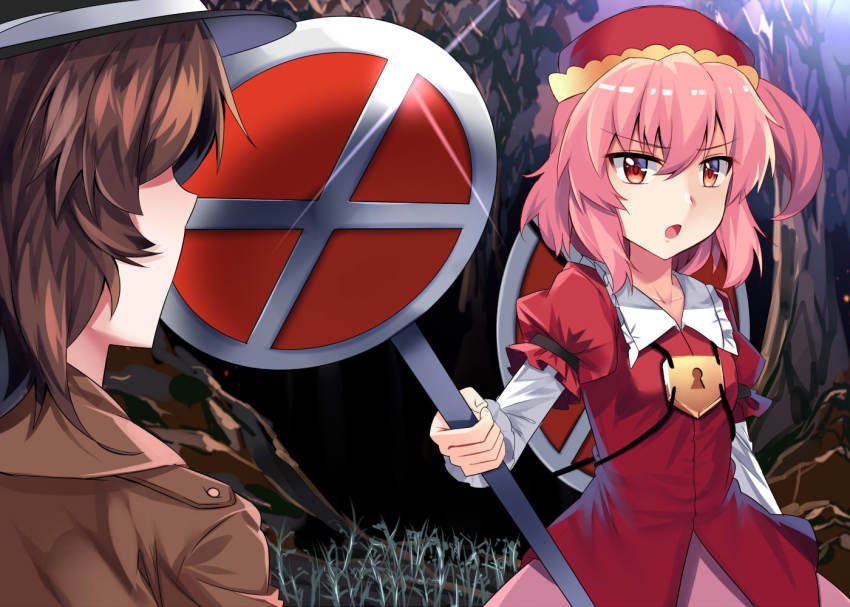 2girls, black_headwear, blouse, brown_coat, brown_hair, coat, commentary_request, cowboy_shot