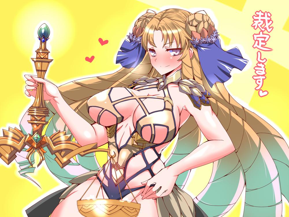 1girl, astraea_(fate), astraea_(second_ascension)_(fate), astraea_(third_ascension)_(fate), blush, breasts, cleavage, commentary_request, double_bun, fate/grand_order, fate_(series), female_focus, hair_bun, hair_ribbon, hair_rings, hand_on_own_hip, heart, large_breasts, long_hair, looking_at_viewer, luviagelita_edelfelt, ribbon, sako_(bosscoffee), sleeveless, smile, solo, standing, translation_request, upper_body, weighing_scale, yellow_background