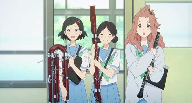 3girls, :d, :o, bassoon, black_hair, blouse, blue_skirt, brown_hair