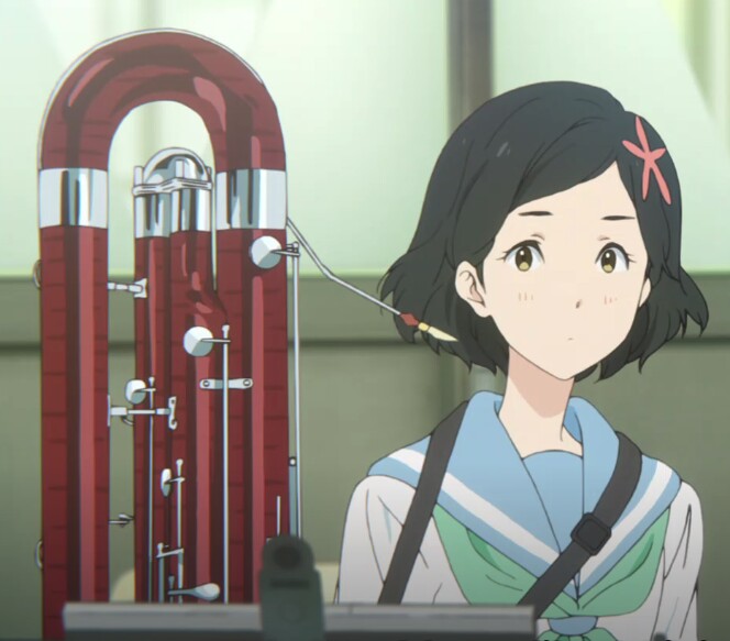 1girl, bassoon, black_hair, blouse, contrabassoon, green_neckwear, green_sailor_collar, hair_ornament, hibike!_euphonium, instrument, koteyama_suruga, liz_to_aoi_tori, music_stand, neckstrap, sailor_collar, school_uniform, screencap, serafuku, shirt, star_(symbol), star_hair_ornament, white_shirt