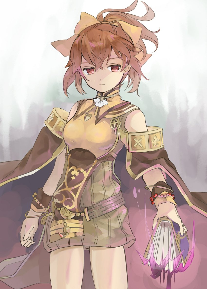 1girl, armor, book, bow, bracelet, breastplate, brown_hair, cape, closed_mouth, corruption, dark_persona, delthea_(fire_emblem), dress, empty_eyes, female_focus, fire_emblem, fire_emblem_echoes:_shadows_of_valentia, fire_emblem_heroes, hair_bow, highres, holding, holding_book, hukashin, jewelry, long_hair, mind_control, nintendo, ponytail, short_dress, solo