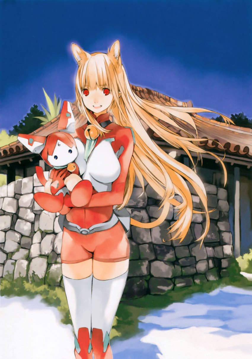 1girl, :d, absurdres, animal_ears, ascot, asobi_ni_iku_yo!, assist-a-roid, assistaroid