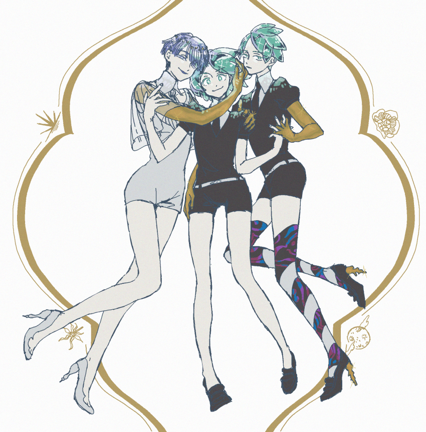 3others, androgynous, blue_eyes, blue_hair, blunt_bangs, colored_eyelashes, crystal_hair, full_body, gem_uniform_(houseki_no_kuni), golden_arms, green_eyes, green_hair, grin, hand_on_another's_hip, head_hug, heterochromia, high_heels, highres, holding_hands, houseki_no_kuni, hug, interlocked_fingers, jure_0006, looking_at_viewer, multiple_others, multiple_persona, necktie, phosphophyllite, phosphophyllite_(ll), see-through_clothes, see-through_sleeves, short_hair, smile, spoilers, white_eyes
