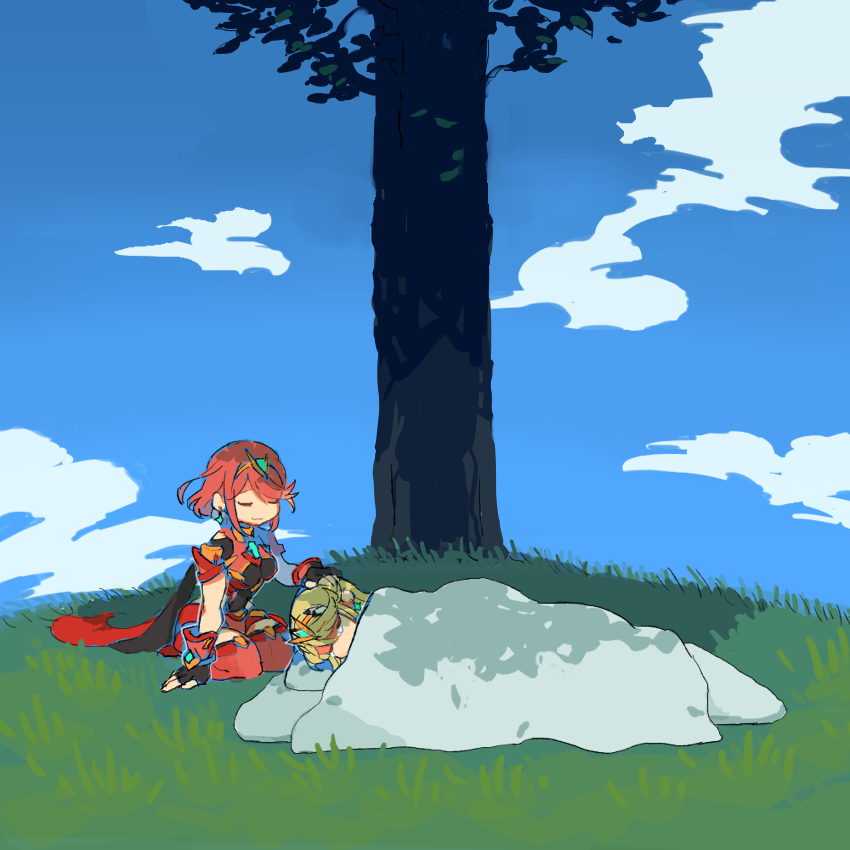 2girls, blonde_hair, blue_sky, chest_jewel, cloud, crying, closed_eyes, fingerless_gloves