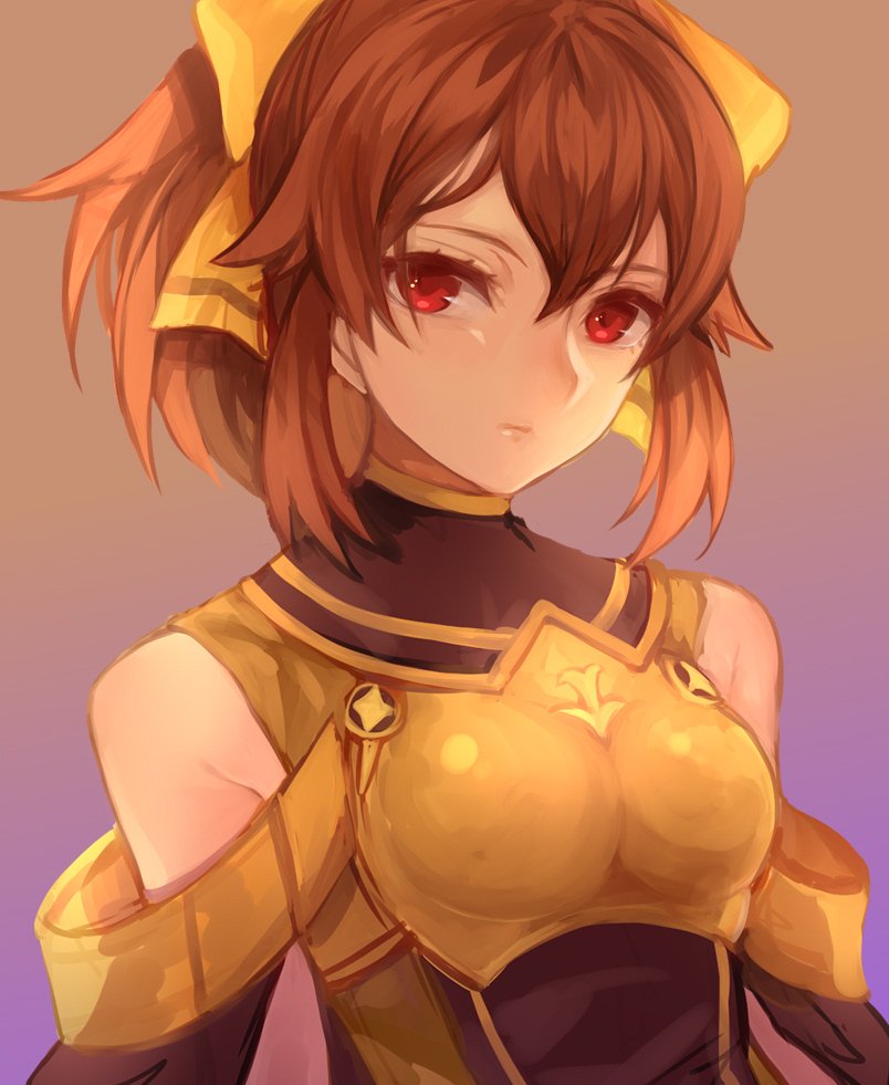 1girl, armor, bow, breastplate, brown_hair, closed_mouth, corruption, dark_persona