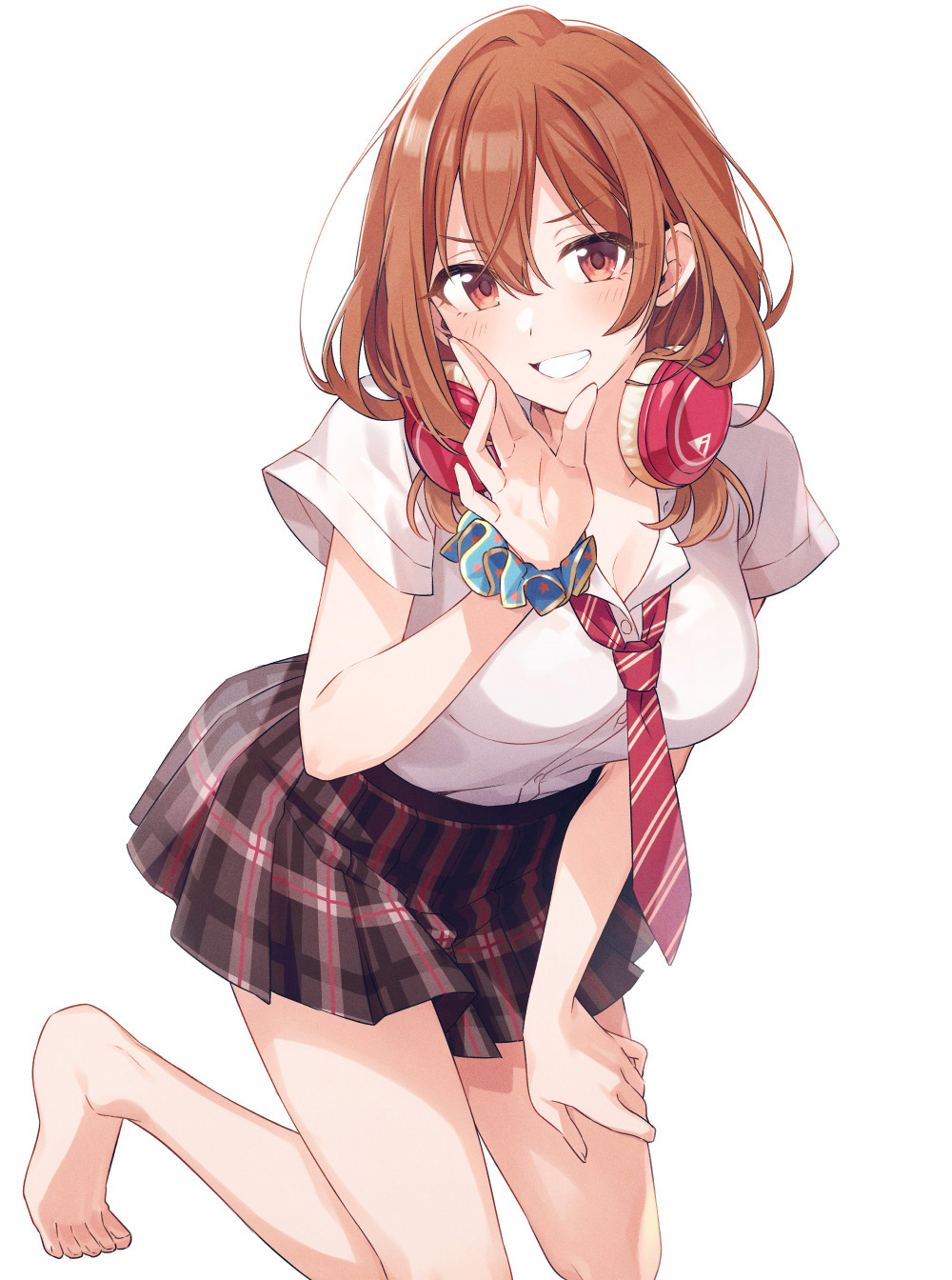 bare_legs, barefoot, blush, breasts, brown_eyes, brown_hair, grin, hair_between_eyes