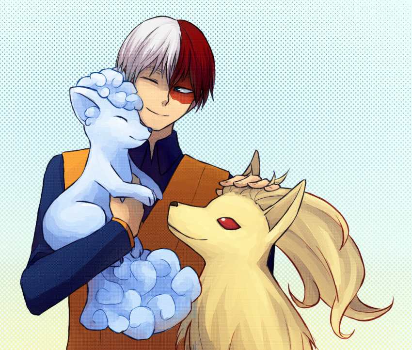 1boy, ;), alolan_form, alolan_vulpix, black_eyes, blue_shirt, boku_no_hero_academia, burn_scar