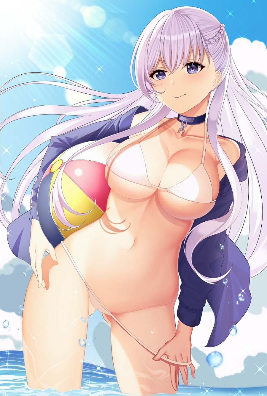 1girl, azur_lane, bad_id, bad_pixiv_id, ball, bare_shoulders, beachball, belfast_(azur_lane)