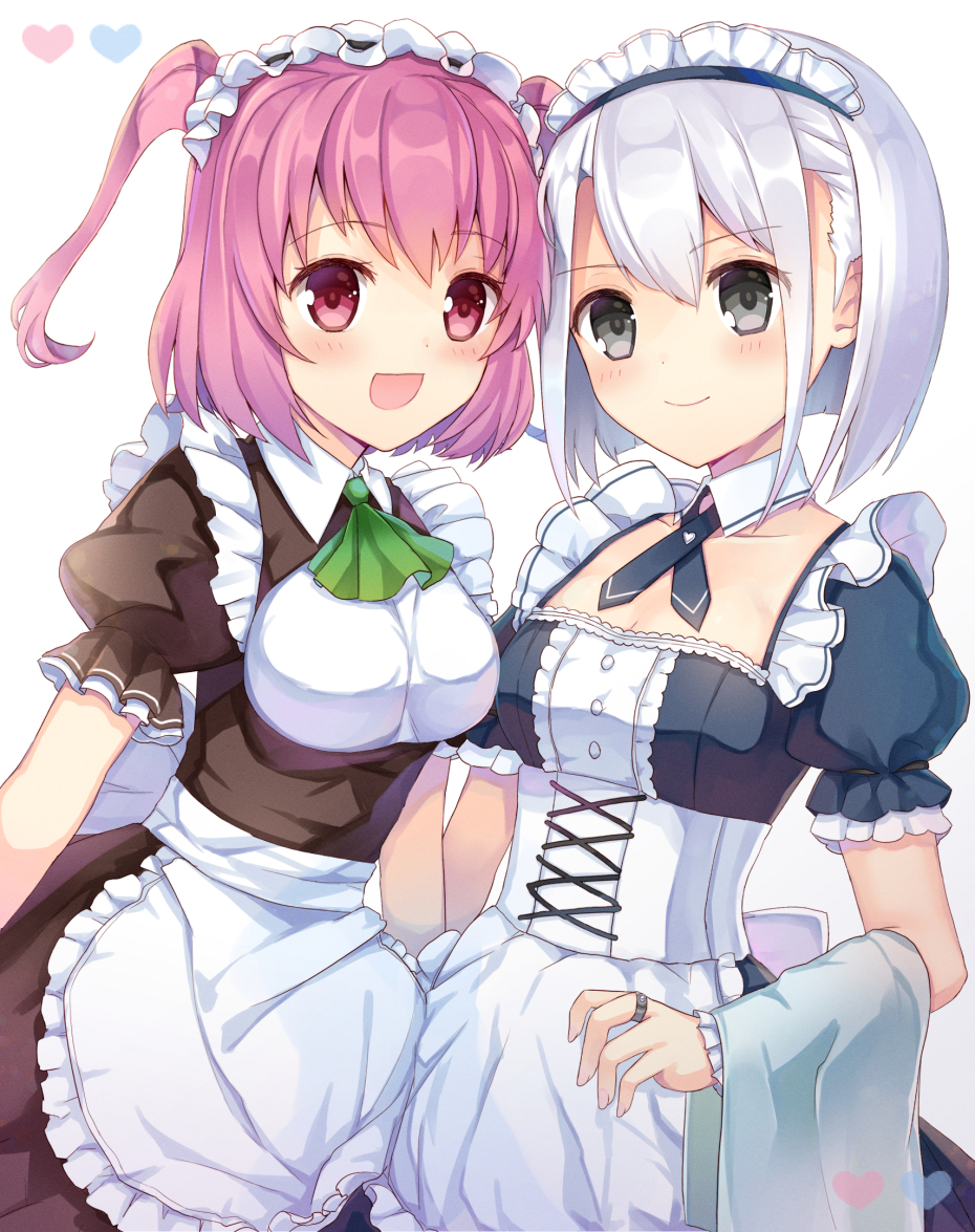2girls, :d, alternate_costume, apron, ascot, bad_id, bad_pixiv_id, black_hairband, blue_dress, blush, breasts, brown_dress, closed_mouth, collar, commentary_request, detached_collar, dress, enmaided, frilled_apron, frilled_hairband, frills, gradient_background, green_ascot, grey_background, grey_hair, hair_between_eyes, hairband, heart, izumi_kanagi, izumi_kanagi_(maid_costume), jewelry, magia_record:_mahou_shoujo_madoka_magica_gaiden, mahou_shoujo_madoka_magica, maid, maid_headdress, makino_ikumi, makino_ikumi_(maid_costume), medium_breasts, multiple_girls, open_mouth, pink_hair, puffy_short_sleeves, puffy_sleeves, red_eyes, ring, shikino_(sikinonono), short_sleeves, smile, two_side_up, waist_apron, white_apron, white_background, white_collar, wing_collar, wrist_cuffs