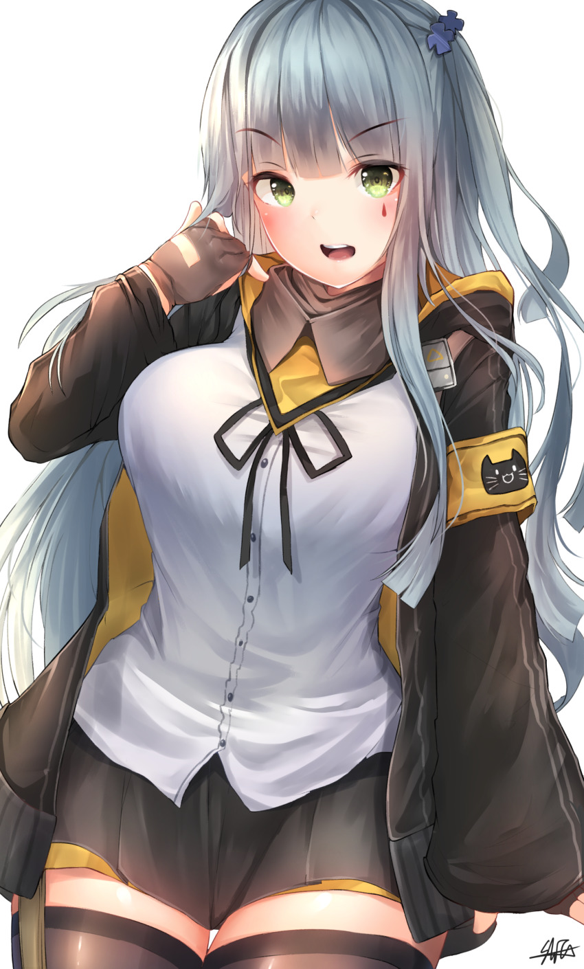 1girl, absurdres, arm_at_side, armband, black_thighhighs, blunt_bangs, blush, breasts