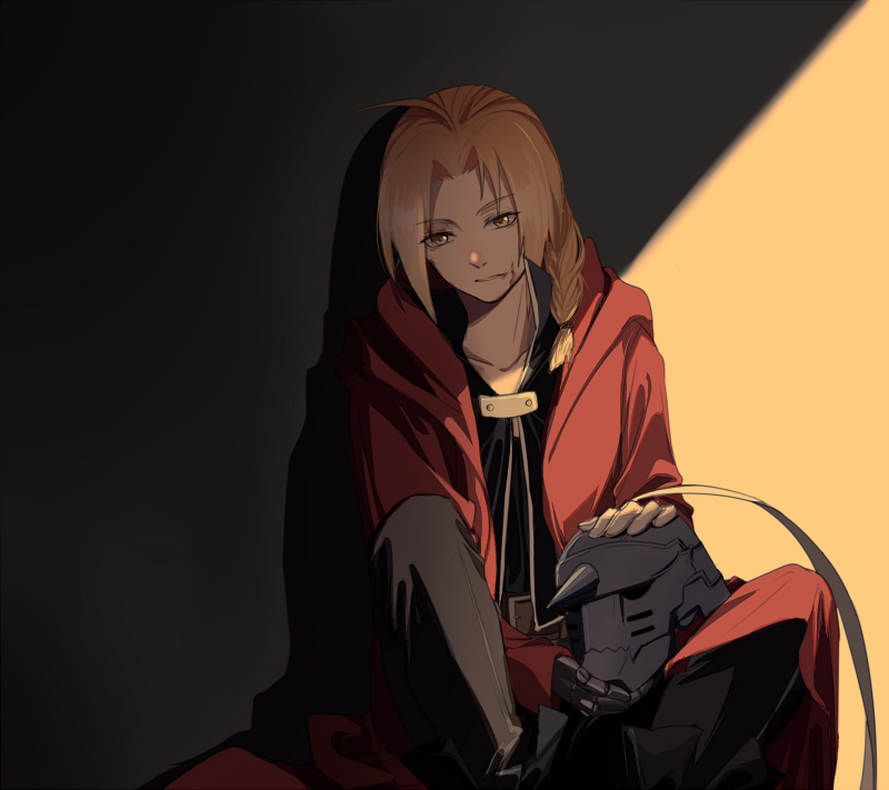 1boy, against_wall, alphonse_elric, blonde_hair, braid, brown_eyes, brown_pants, coat