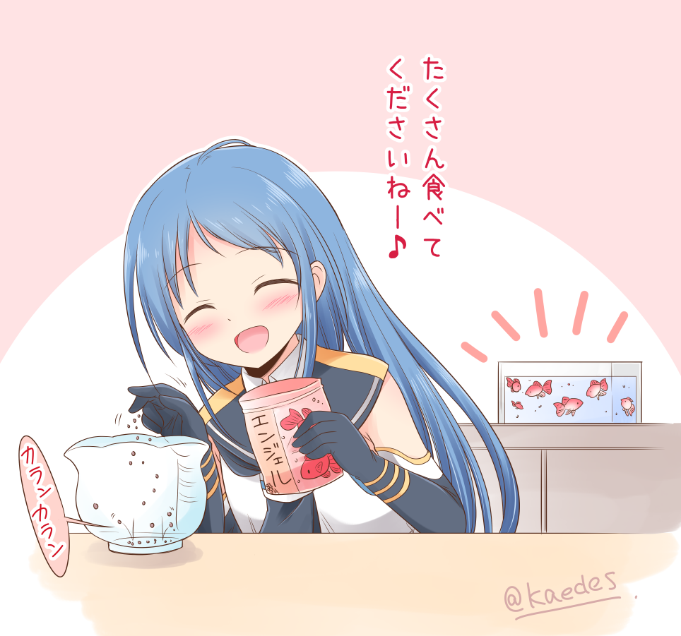 1girl, :d, black_gloves, black_neckwear, blue_hair, blush, bowl, closed_eyes