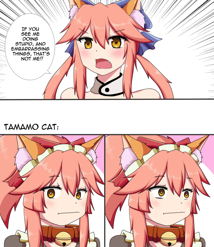 2girls, animal_ear_fluff, animal_ears, awkward_look_monkey_puppet_(meme), bell, blue_kimono, blue_ribbon, blush, closed_mouth, collar, dual_persona, english_text, fang, fate/extra, fate/grand_order, fate_(series), fox_ears, fox_girl, hair_ribbon, highres, japanese_clothes, keita_naruzawa, kimono, looking_at_viewer, looking_to_the_side, meme, multiple_girls, neck_bell, open_mouth, pink_hair, red_ribbon, ribbon, speech_bubble, tamamo_cat_(fate), tamamo_cat_(second_ascension)_(fate), tamamo_no_mae_(fate), yellow_eyes