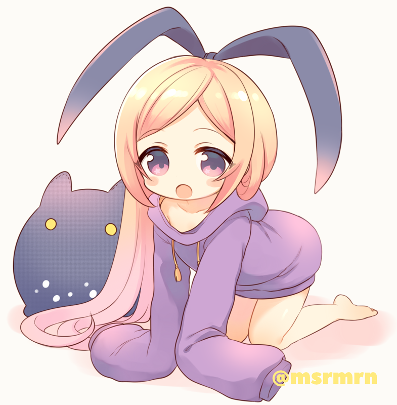 1girl, :o, all_fours, bad_id, bad_pixiv_id, barefoot, black_ribbon, blonde_hair