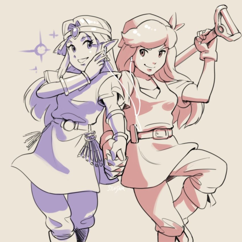 2girls, bandana, belt, boots, cadence_(necrodancer), cadence_of_hyrule, circlet, crypt_of_the_necrodancer