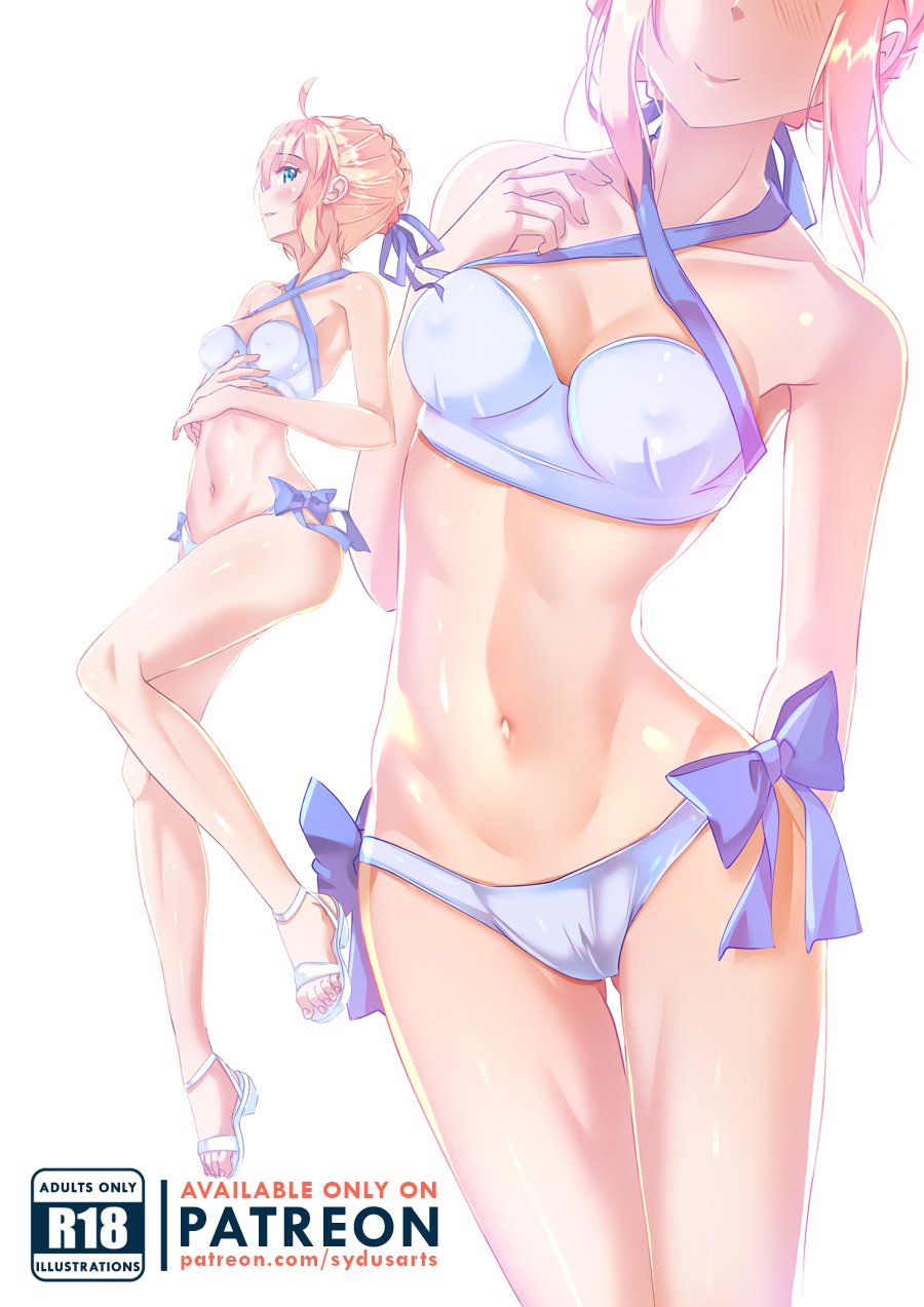 1girl, ahoge, artoria_pendragon_(fate), bare_shoulders, bikini, blonde_hair, blush, braid