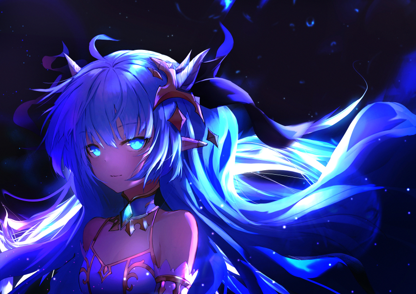 1girl, ahoge, blue_eyes, blue_hair, breasts, choker, dragon_girl, dragon_horns