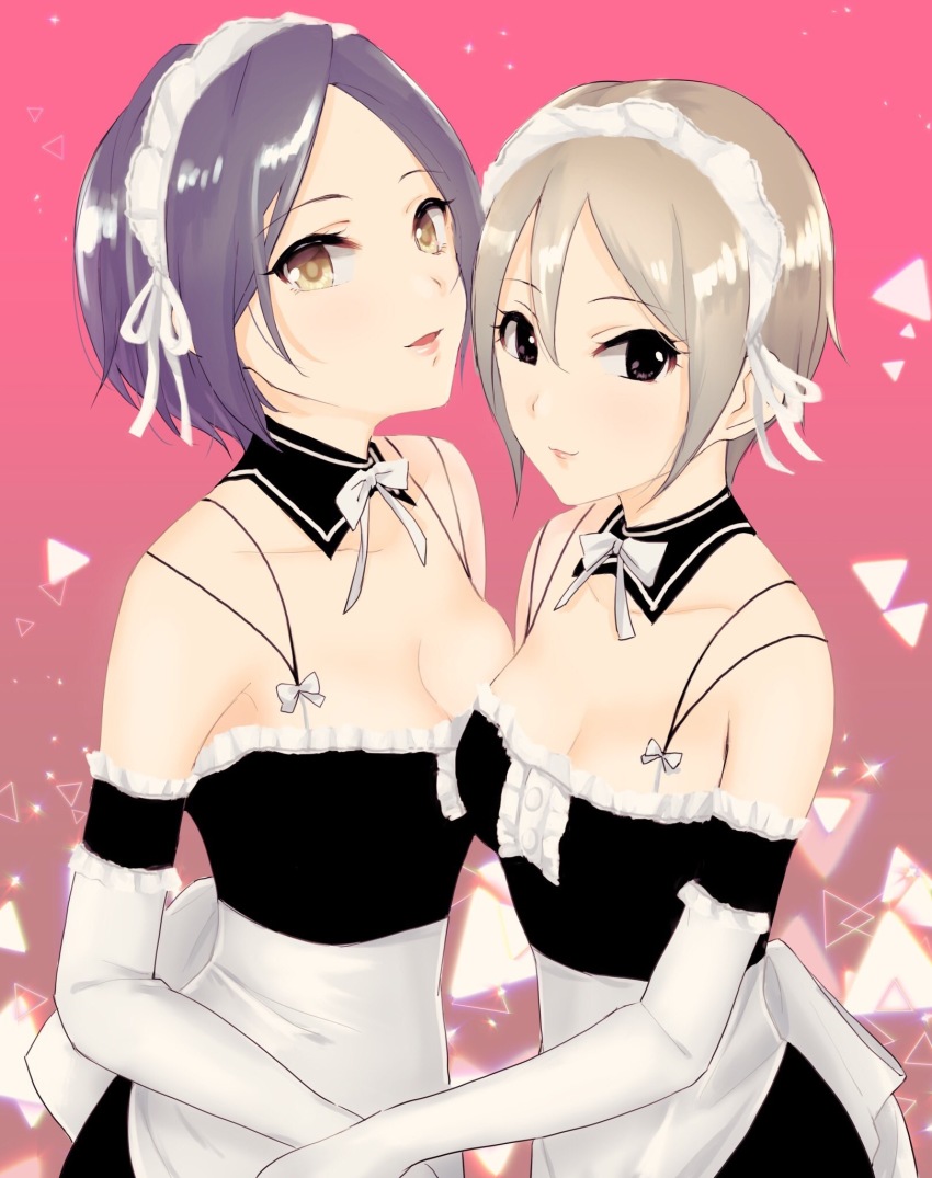 2girls, alternate_costume, apron, black_eyes, breasts, brown_hair, cleavage, detached_collar