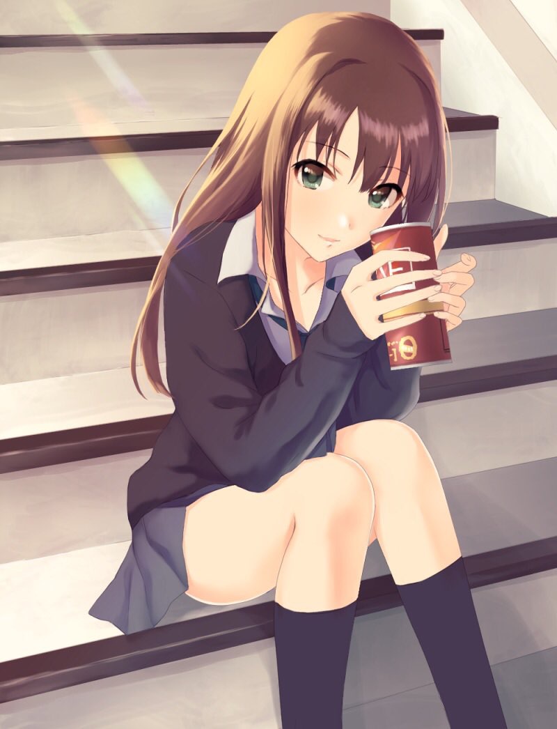1girl, black_socks, black_sweater, brown_hair, can, female_focus, green_eyes, green_necktie, grey_shirt, grey_skirt, hair_between_eyes, holding, holding_can, idolmaster, idolmaster_cinderella_girls, kneehighs, long_hair, long_sleeves, looking_at_viewer, miniskirt, necktie, pleated_skirt, school_uniform, shibuya_rin, shirt, sitting, skirt, smile, socks, solo, stairs, sunlight, sweater, zerorou_(himitunoko2)