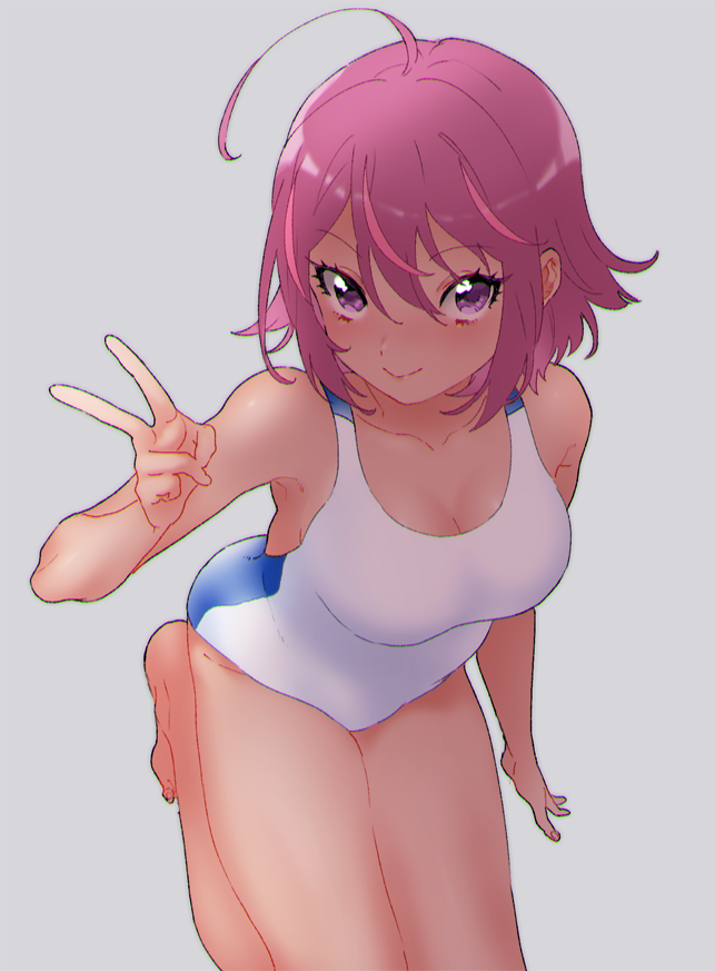 1girl, ahoge, blush, bokutachi_wa_benkyou_ga_dekinai, breasts, caustics, competition_swimsuit, dark-skinned_female, dark_skin, female_focus, hair_between_eyes, looking_at_viewer, medium_breasts, one-piece_swimsuit, purple_eyes, red_hair, shiman, shiny_clothes, smile, solo, swimsuit, takemoto_uruka, v, white_background