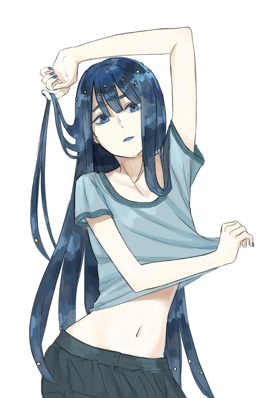 1other, alternate_costume, androgynous, arm_up, black_skirt, blue_eyes, blue_hair, blue_nails, blue_shirt, colored_eyelashes, contemporary, cowboy_shot, crop_top, derivative_work, hair_between_eyes, highres, hime_cut, houseki_no_kuni, humanization, iciriini, lapis_lazuli_(houseki_no_kuni), long_hair, looking_at_viewer, midriff, nail_polish, navel, parted_lips, shirt, short_sleeves, skirt, solo, standing, stomach, very_long_hair, white_background