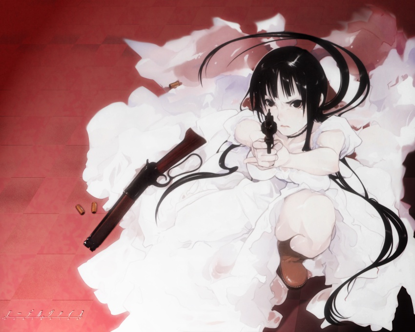 1girl, black_hair, brown_eyes, dress, edelweiss_(inspire), edelweiss_(overdrive), female_focus, gun