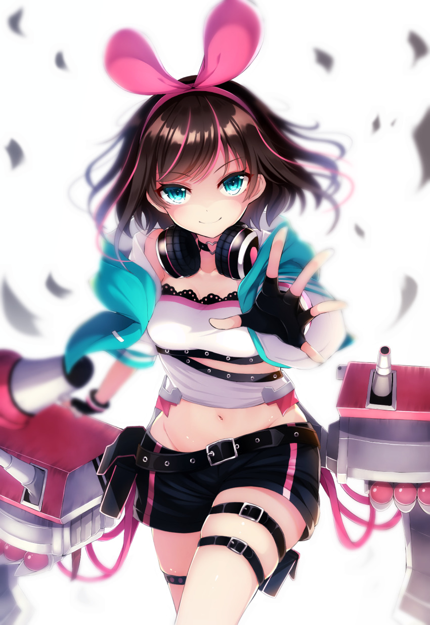 1girl, aqua_jacket, azur_lane, bare_shoulders, belt, belt_pouch, black_gloves, black_shorts
