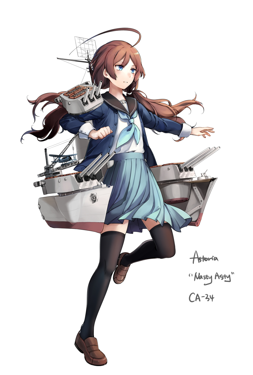 1girl, ahoge, aircraft, airplane, biplane, black_thighhighs, blazer, blue_eyes, blue_jacket, blue_skirt, brown_hair, brown_shoes, cannon, character_name, commentary, crane_(machine), english_commentary, female_focus, full_body, highres, huge_ahoge, jacket, loafers, long_hair, long_sleeves, low_twintails, machinery, mecha_musume, neckerchief, open_clothes, open_jacket, original, personification, pleated_skirt, sailor_collar, school_uniform, serafuku, shirt, shoes, simple_background, skirt, solo, thighhighs, turret, twintails, uss_astoria_(ca-34), white_background, white_shirt, yorktown_cv-5