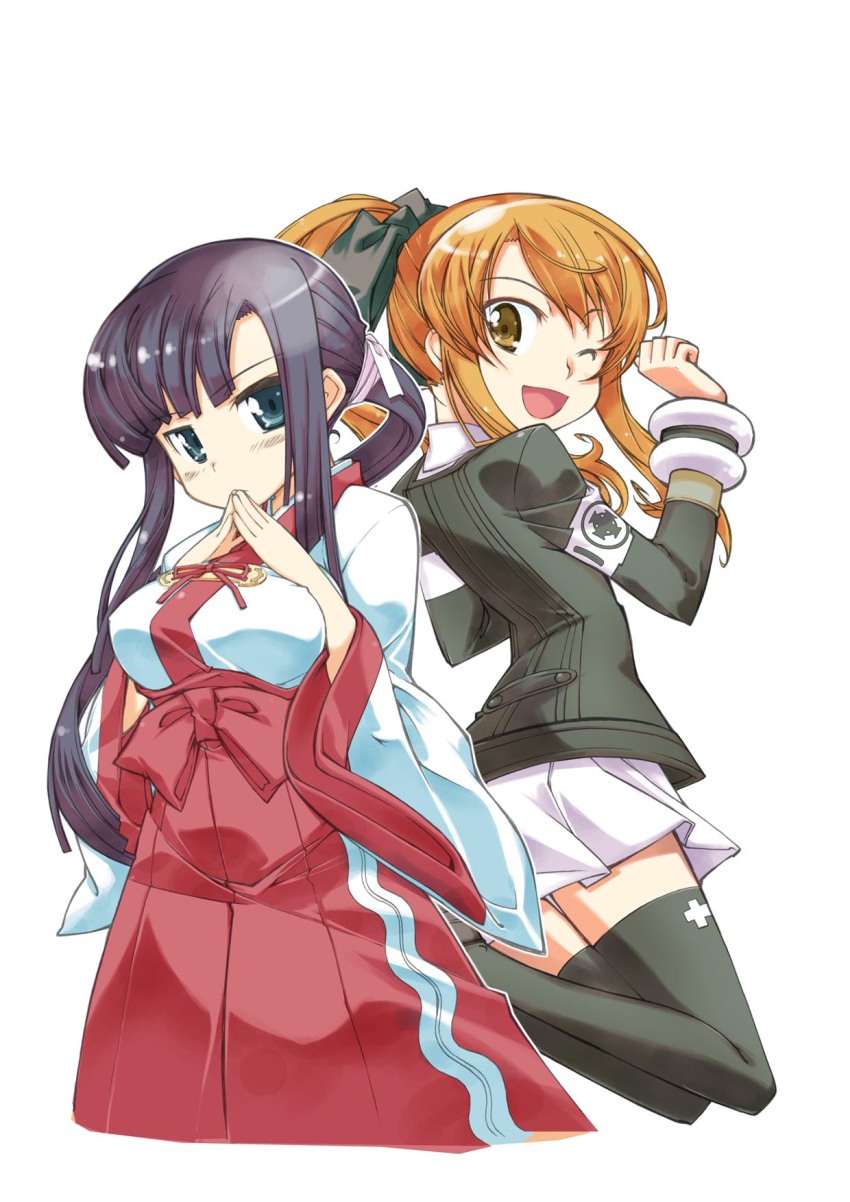 00s, 2girls, akiduki_ryou, akizuki_ryou_(gakuen_kumikyoku), asura_cryin', breasts, highres, japanese_clothes, miko, minakami_misao, multiple_girls, one_eye_closed, school_uniform, takatsuki_kanade, thighhighs, wink, zettai_ryouiki