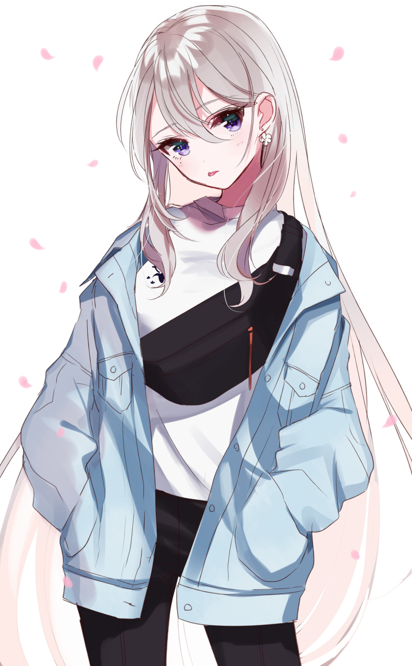 1girl, black_pants, blue_jacket, blush, closed_mouth, cowboy_shot, earrings, fanny_pack