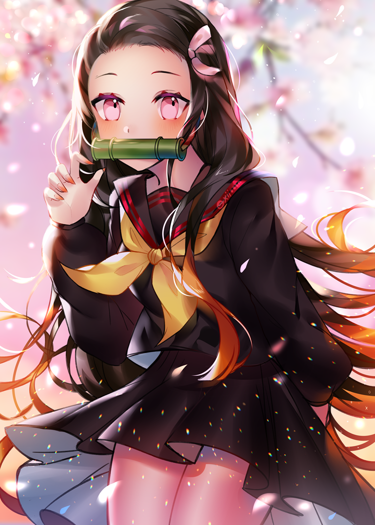 1girl, black_hair, black_serafuku, black_skirt, contemporary, cowboy_shot, day, female_focus, fingernails, hair_ribbon, kamado_nezuko, kimetsu_no_yaiba, long_hair, looking_at_viewer, mouth_hold, nail_polish, neckerchief, outdoors, petals, pink_eyes, red_nails, ribbon, school_uniform, serafuku, sharp_fingernails, skirt, solo, standing, very_long_hair, xionfes, yellow_neckerchief