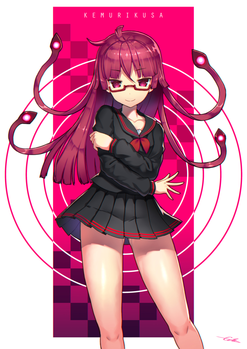 1girl, black_serafuku, blunt_bangs, border, crossed_arms, female_focus, gia, glasses