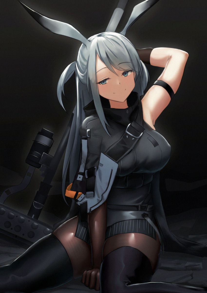 1girl, animal_ears, arknights, arm_strap, between_legs, black_boots, black_skirt, boots