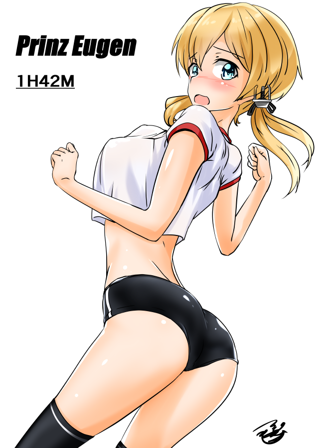 1girl, anchor_hair_ornament, ass, black_buruma, black_thighhighs, blonde_hair, blush, breasts