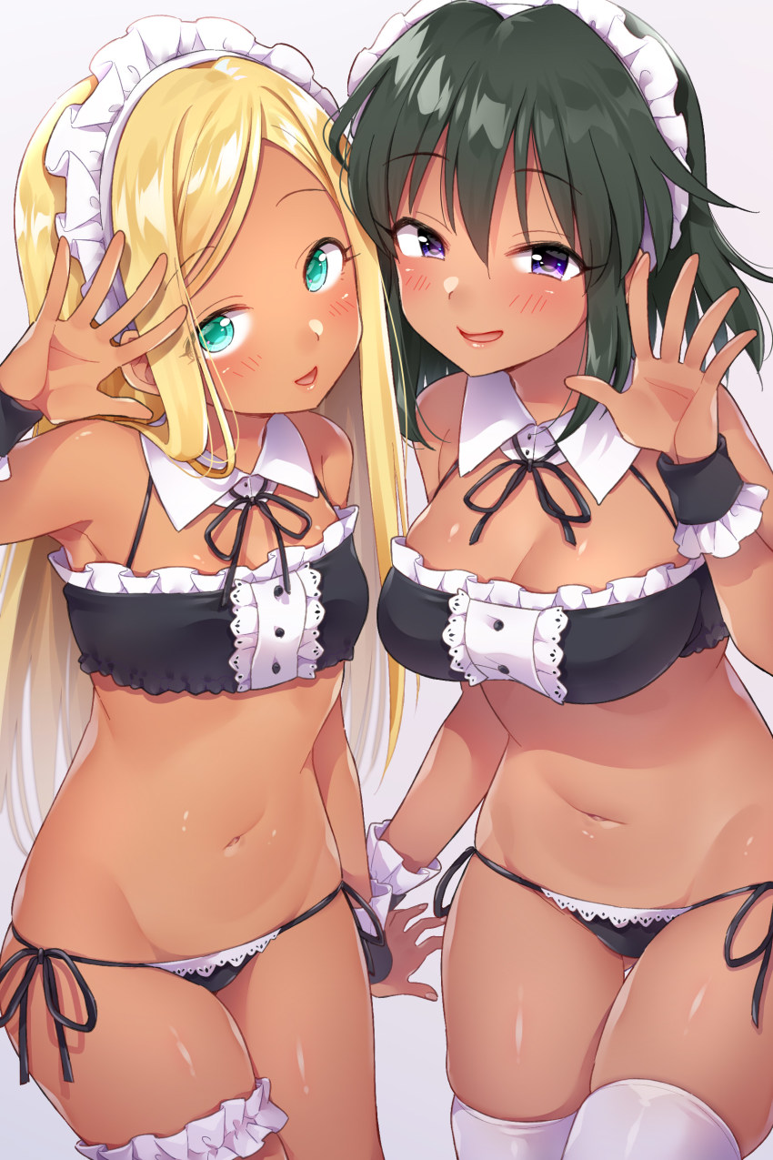 2girls, absurdres, aqua_eyes, bikini, black_hair, blonde_hair, blush, breasts, collar, commentary_request, cowboy_shot, dark-skinned_female, dark_skin, detached_collar, frilled_thigh_strap, half-closed_eyes, hand_up, highres, idolmaster, idolmaster_cinderella_girls, large_breasts, layla_(idolmaster), long_hair, looking_at_viewer, lowleg, lowleg_bikini, maid, maid_bikini, maid_headdress, medium_hair, multiple_girls, natalia_(idolmaster), navel, neck_ribbon, open_palm, purple_eyes, ribbon, side-tie_bikini_bottom, simple_background, small_breasts, smirk, strapless, swimsuit, thigh_strap, thighhighs, trente, tube_top, unconventional_maid, waving, white_background, white_collar, white_legwear, wing_collar, wrist_cuffs