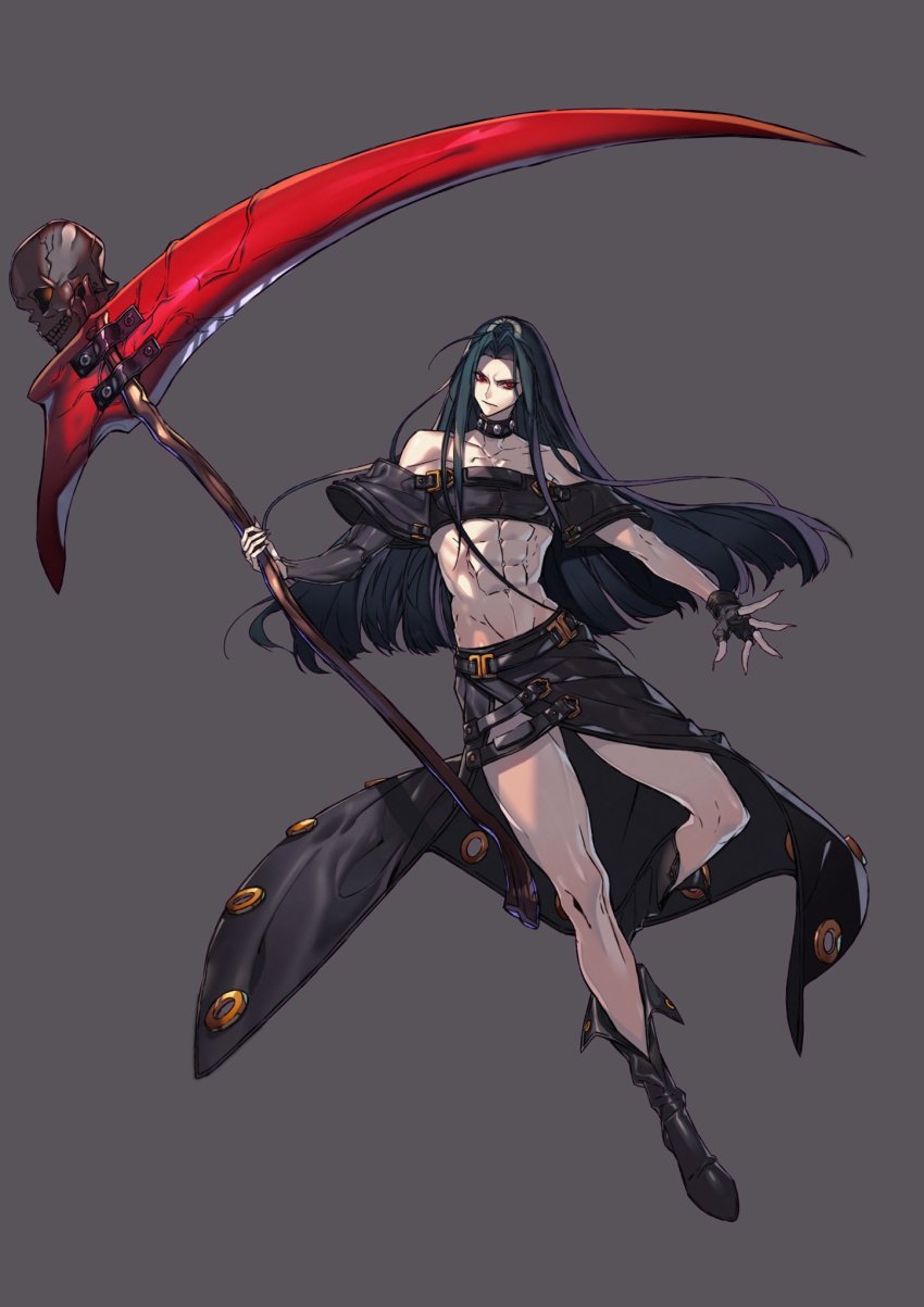 1boy, abs, bare_shoulders, black_choker, black_gloves, black_hair, black_legwear, buckle