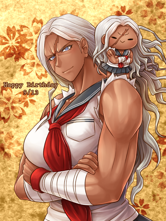 1girl, bandaged_arm, bandages, breasts, character_doll, cropped_arms, danganronpa:_trigger_happy_havoc, danganronpa_(series), dark-skinned_female, dark_skin, doll, doll_on_shoulder, female_focus, floating_hair, grey_eyes, grey_sailor_collar, happy_birthday, large_breasts, long_hair, looking_at_viewer, muscular, muscular_female, neckerchief, ogami_sakura, red_neckerchief, sailor_collar, scar, school_uniform, serafuku, shirt, silver_hair, sleeveless, sleeveless_shirt, smile, solo, very_long_hair, white_shirt, wristband, yellow_background, yumaru_(marumarumaru)