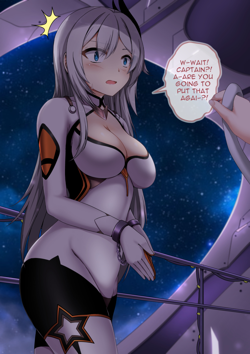 1boy, 1girl, ahoge, battlesuit, blue_eyes, blush, bodysuit, breasts