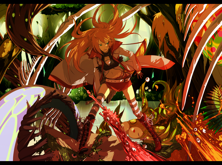 bad_id, bad_pixiv_id, belt, boots, cape, green_eyes, letterboxed, midriff