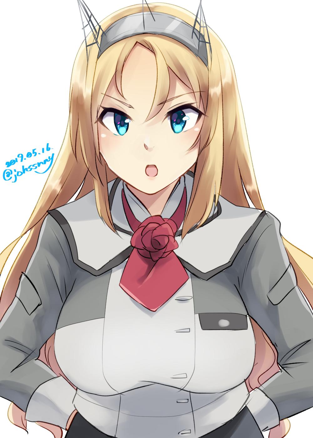 1girl, blonde_hair, blue_eyes, breasts, dated, female_focus, grey_skirt, hands_on_own_hips