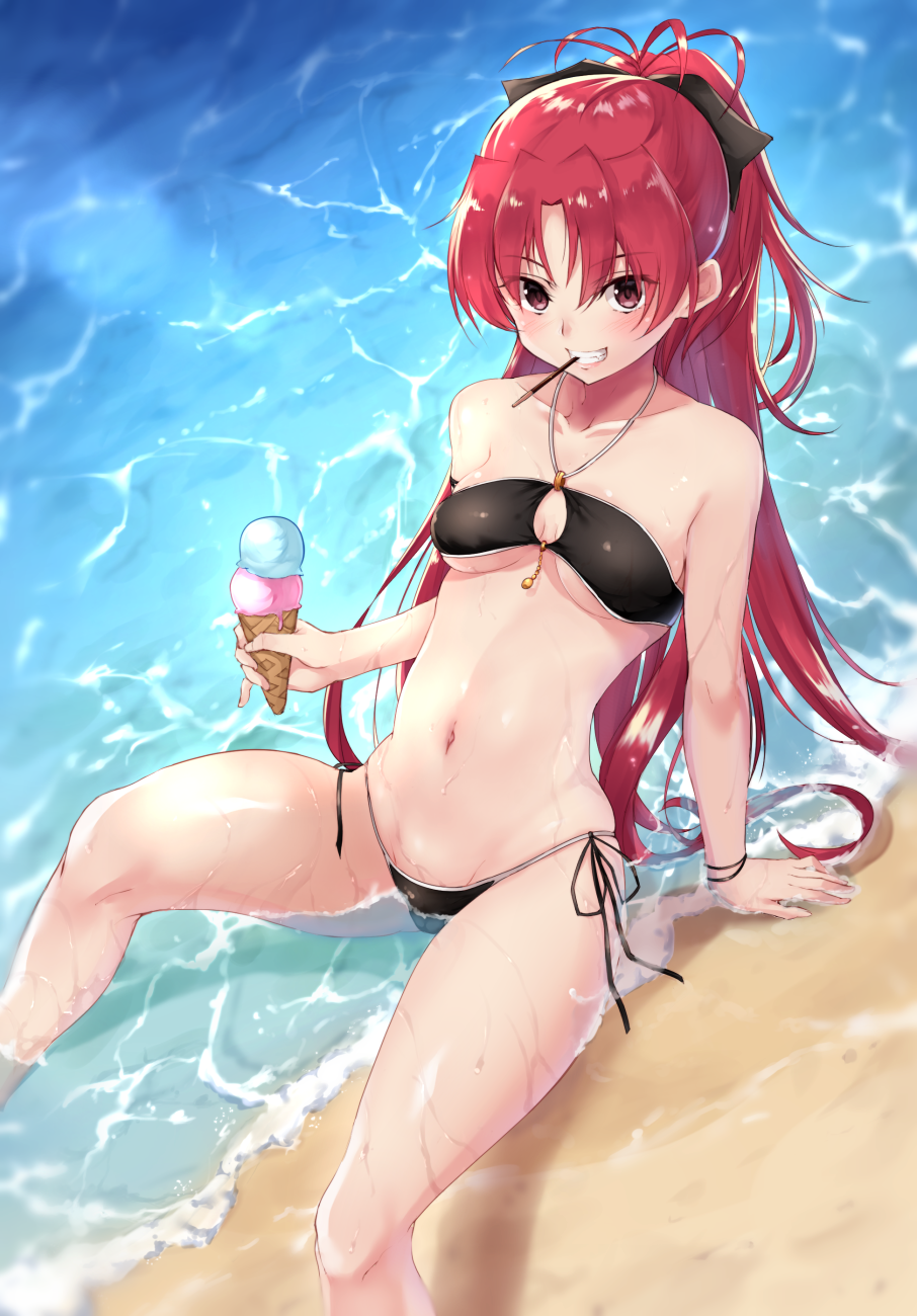 1girl, bikini, black_bikini, black_bow, blush, bow, breasts, female_focus