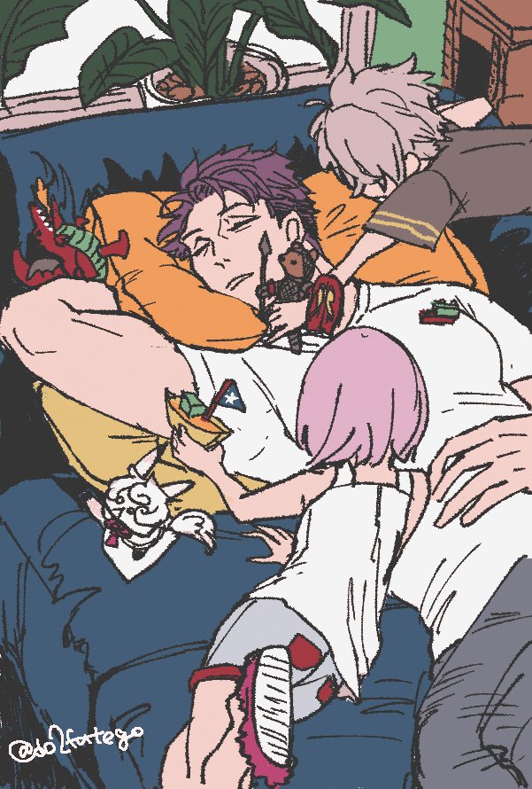 1girl, 2boys, aged_down, black_shirt, character_doll, child, contemporary, do2mi2co, doll, family, fate/grand_order, fate_(series), father_and_child, father_and_daughter, father_and_son, fou_(fate), galahad_(fate), grey_hair, grey_shorts, lancelot_(fate/grand_order), light_purple_hair, lying, mash_kyrielight, multiple_boys, on_back, on_bed, parent_and_child, plant, potted_plant, purple_hair, shirt, short_hair, shorts, sleeping, t-shirt, toy, toy_boat, white_shirt