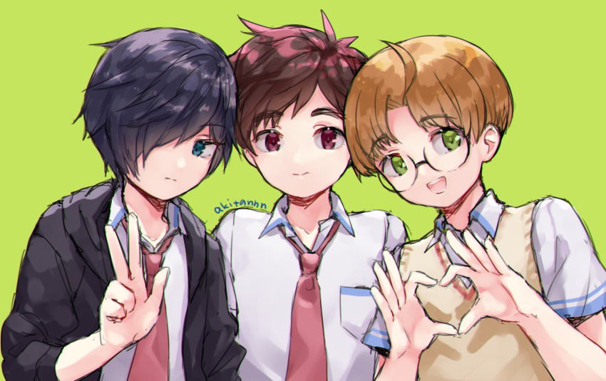 3boys, artist_name, black_hair, black_jacket, blue_eyes, brown_hair, glasses, green_eyes