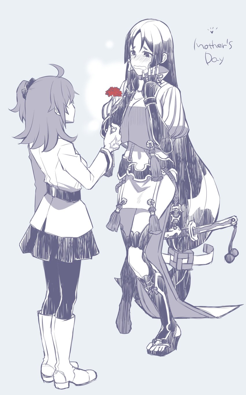 2girls, absurdres, ahoge, blue_theme, blush, boots, carnation, chaldea_uniform