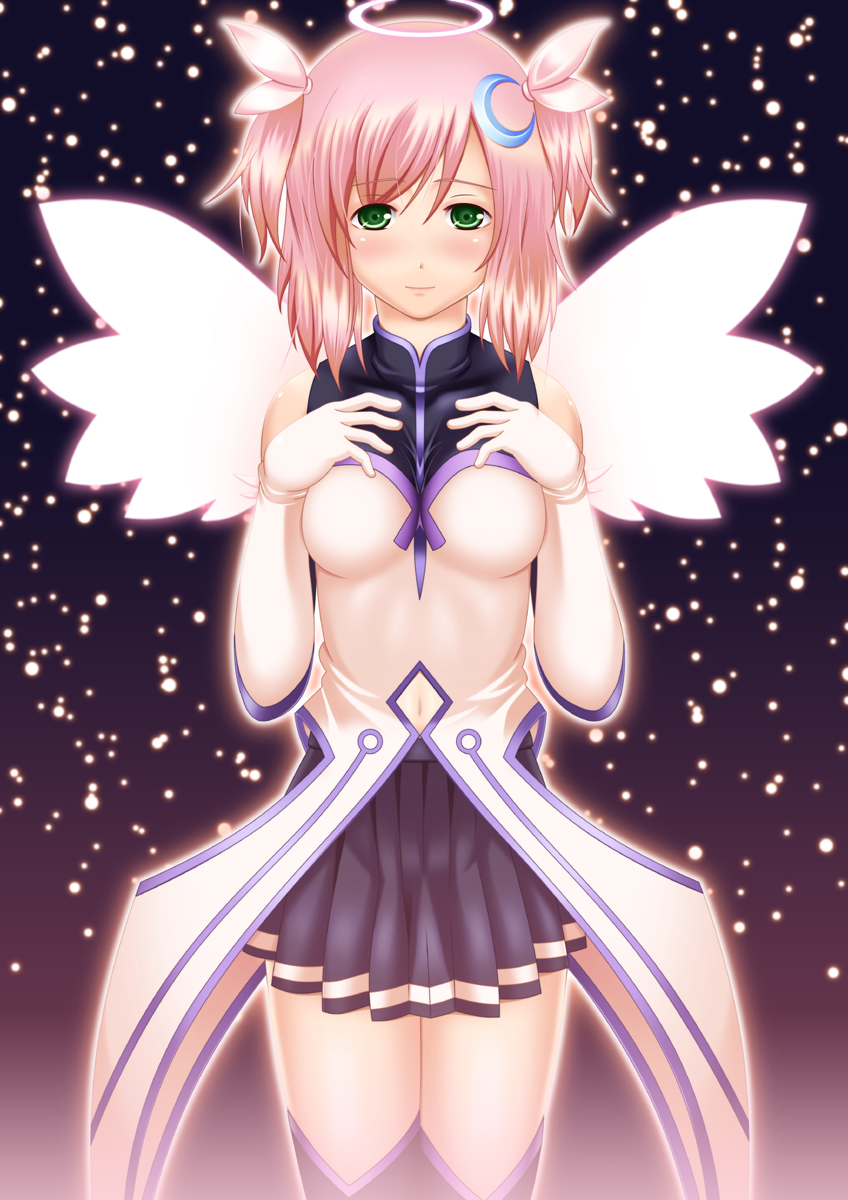 00s, 1girl, blush, boots, breasts, cowboy_shot, crescent, crescent_hair_ornament, elbow_gloves, estellise_sidos_heurassein, estellise_sidos_heurassein_(magical_maiden), female_focus, gloves, green_eyes, hair_ornament, halo, highres, looking_at_viewer, medium_breasts, miniskirt, nukunuku_(hinataboltuko), official_alternate_costume, outline, pink_hair, pleated_skirt, short_hair, skirt, solo, standing, tales_of_(series), tales_of_vesperia, thigh_boots, thighhighs, two_side_up, white_gloves, wings, zettai_ryouiki