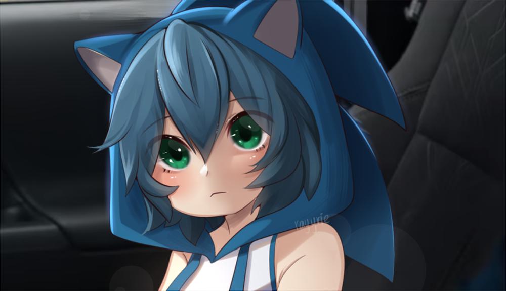 1girl, :|, animal_hood, artist_name, bad_id, bad_twitter_id, bare_shoulders, blue_hair